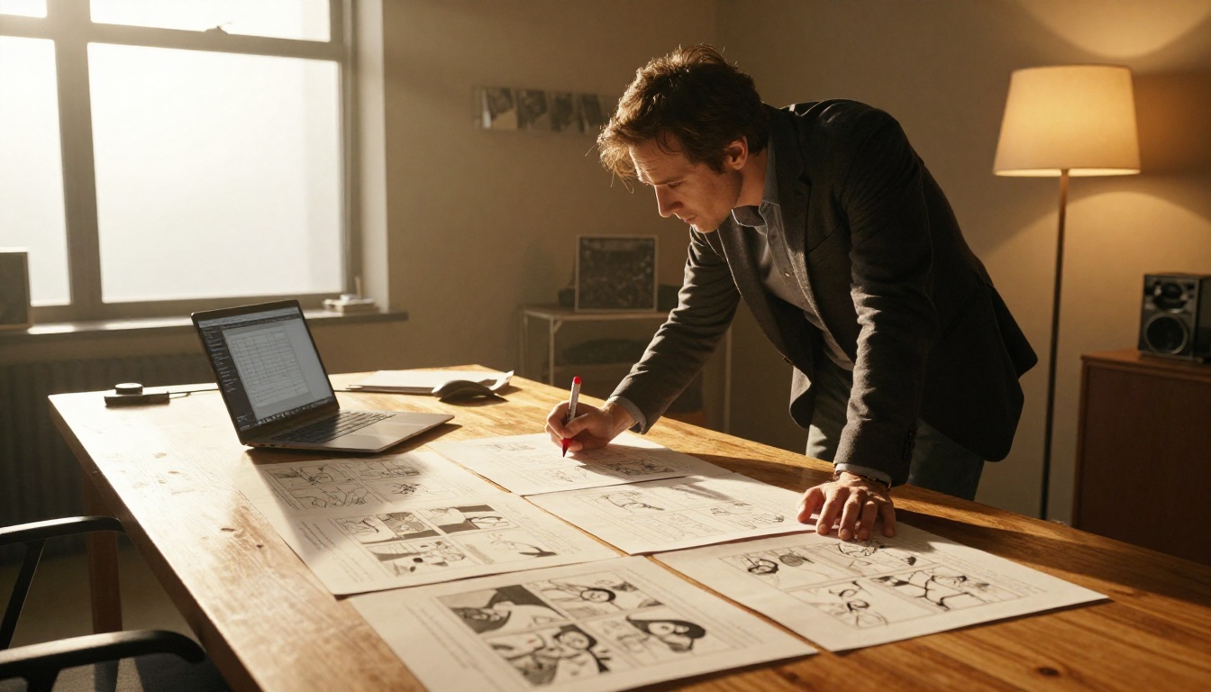 Film director reviewing storyboards at a warmly lit wooden table with dramatic tungsten light and afternoon fill from the window