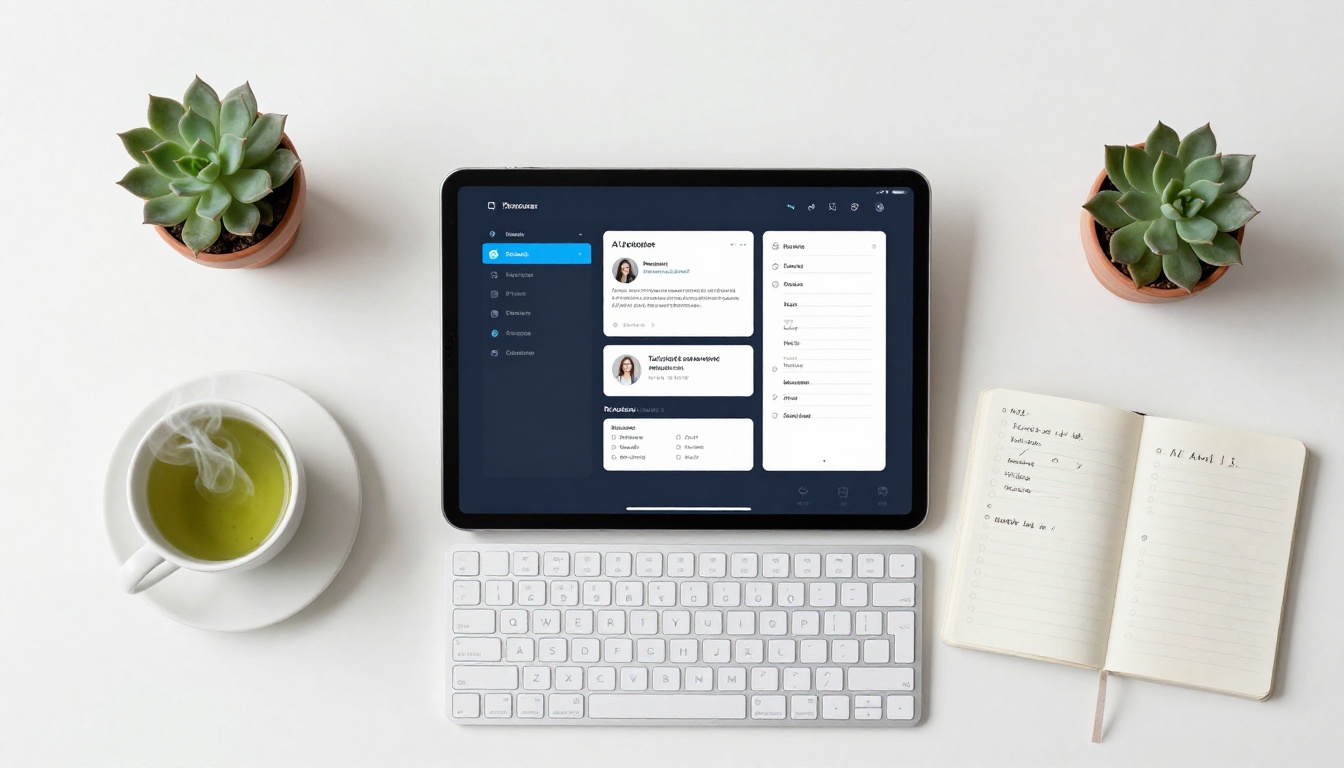 Flat-lay overhead workspace with a tablet showing AI interface and productivity items