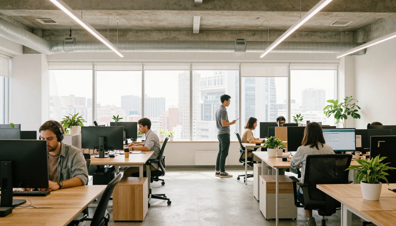 Modern open-plan office four professionals at light wood workstations floor-to-ceiling windows