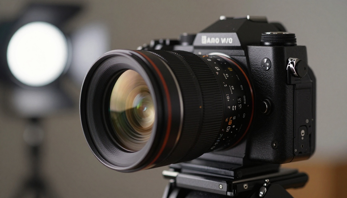 Extreme close-up of a professional cinema camera lens on a shoulder rig with smooth studio bokeh in the background