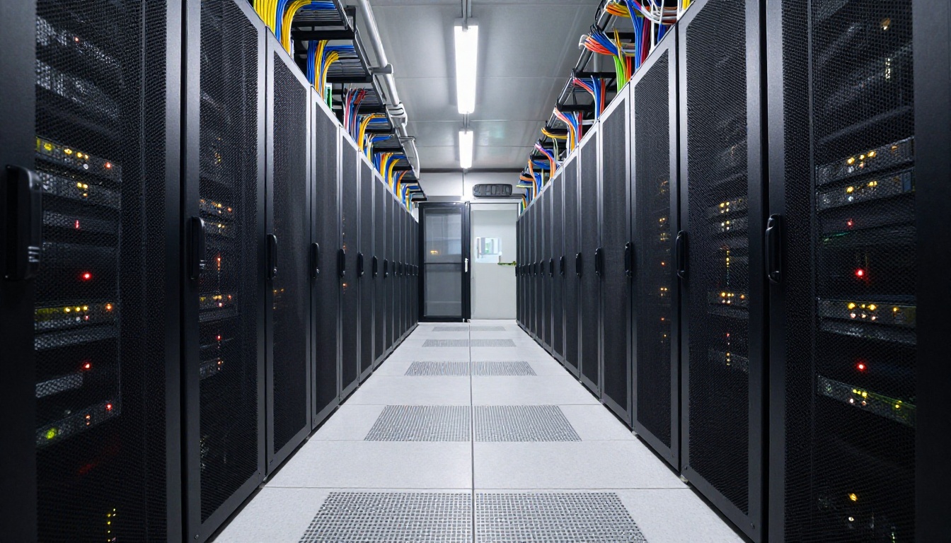 Data center server room corridor with rows of racks blinking lights and overhead cable trays