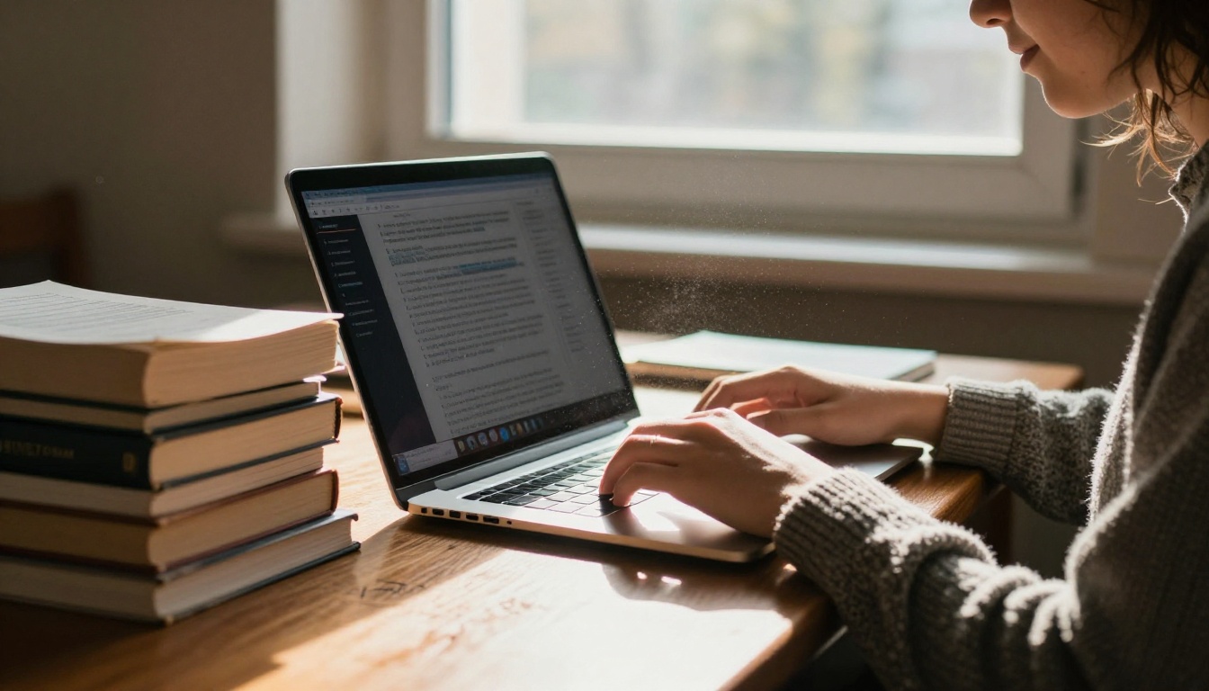 College student working at a library table with a MacBook showing a text generation interface