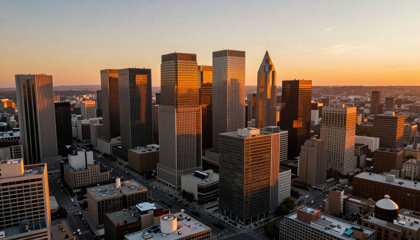 Aerial drone view of a dense urban cityscape during golden hour with amber light reflecting off glass towers and long shadows across the streets