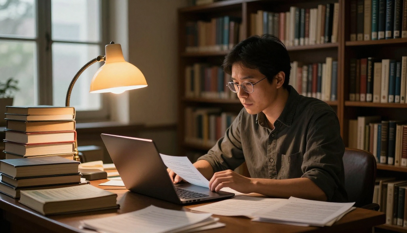 Male academic with glasses at library table surrounded by books and research papers laptop open