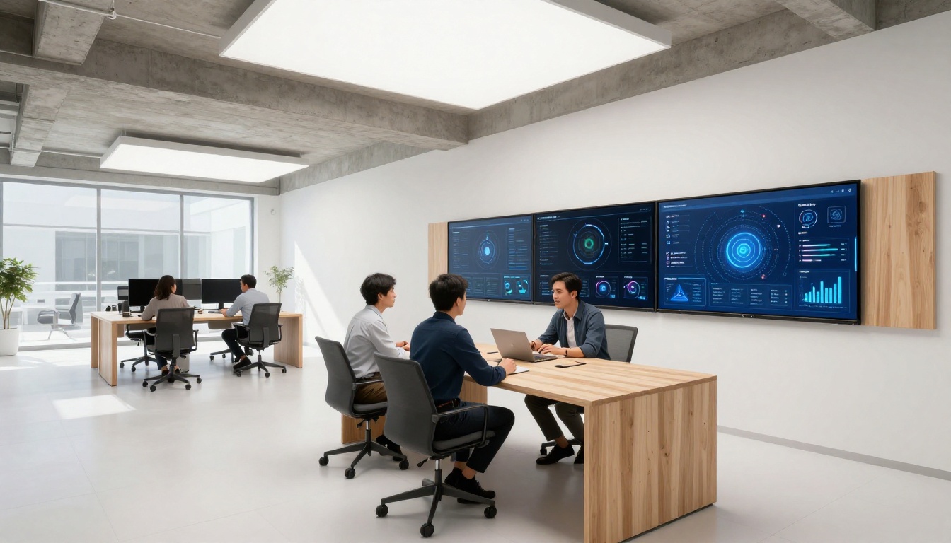 Wide modern tech workspace with colleagues collaborating around screens