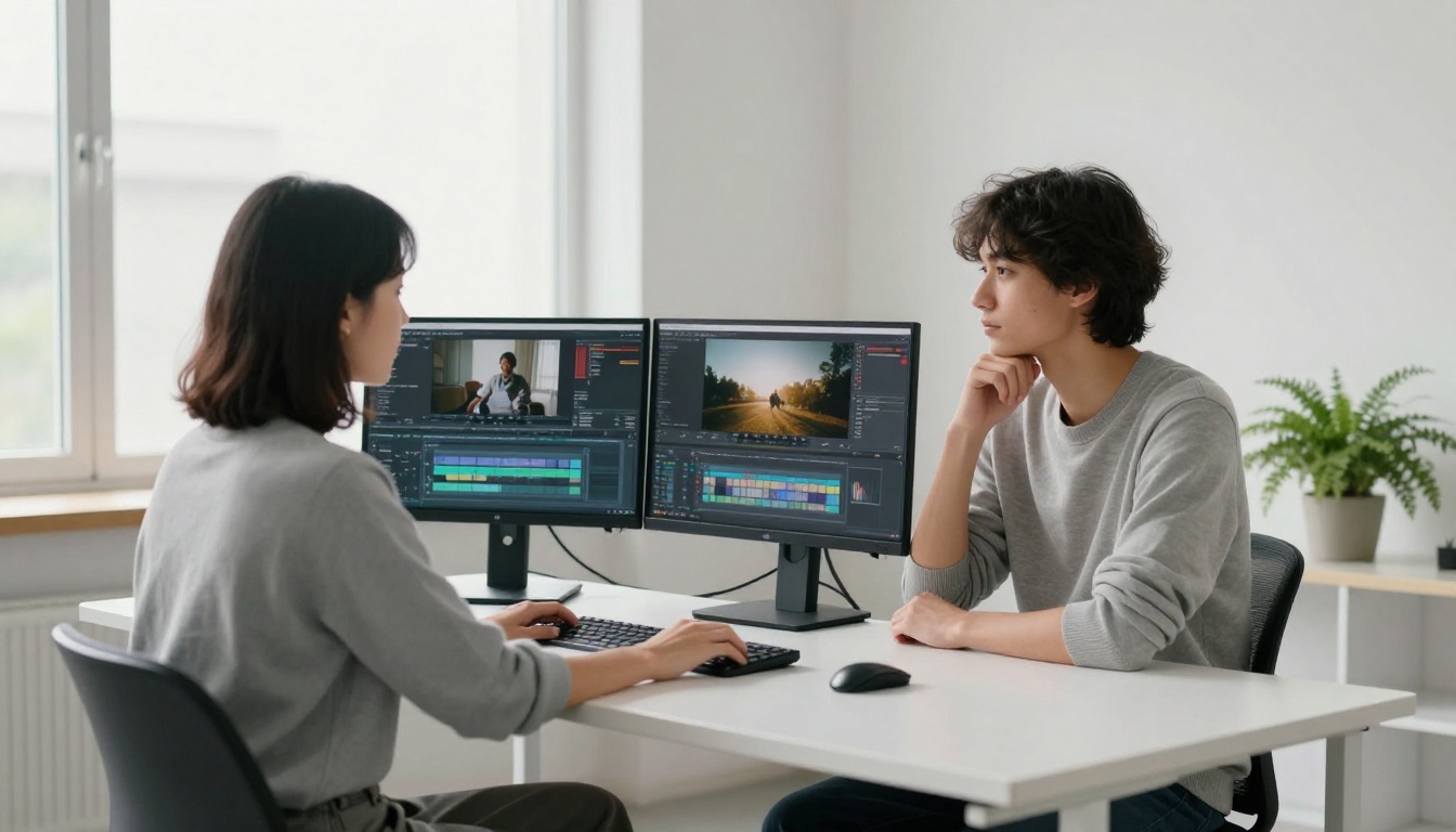 Professional video editor comparing AI-generated footage side by side on dual monitors at a minimalist white desk