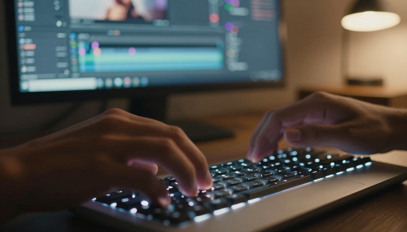 Close-up of two hands on a backlit mechanical keyboard in a dark home office with video editing software visible as colored bokeh behind