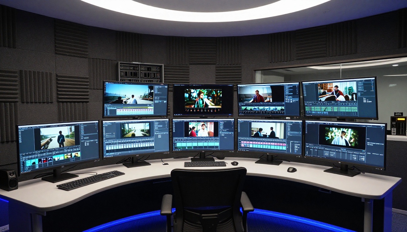 Professional post-production editing bay with six monitors in two rows displaying AI video at different processing stages