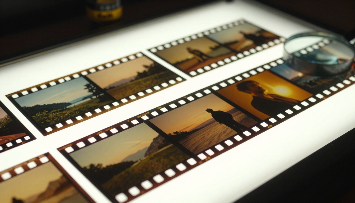 Filmstrip laid flat on a glowing light table with multiple color-graded cinematic frames visible under warm overhead ambient light
