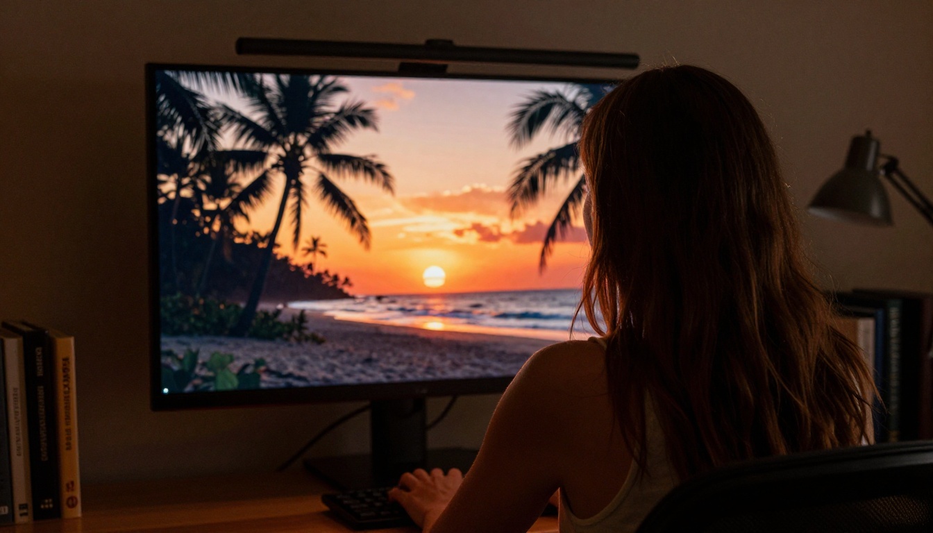 Woman seated from behind reviewing a vivid AI-generated tropical beach sunset displayed on a large monitor in a warm dim home office