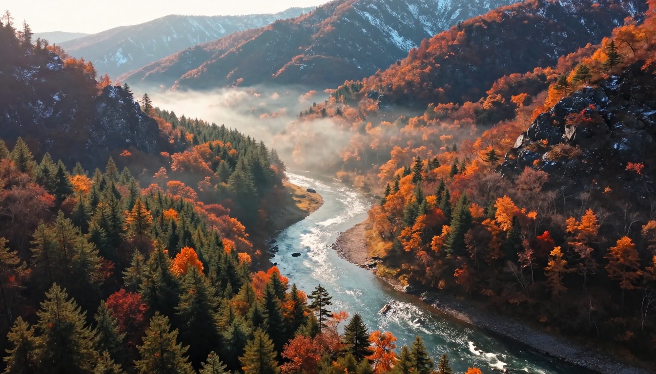 Aerial view of autumn mountain valley with winding river, morning mist and blazing orange foliage