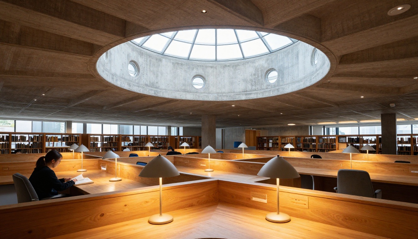 Brutalist library interior with concrete ceiling skylights, oak desks, tungsten and natural daylight mixing