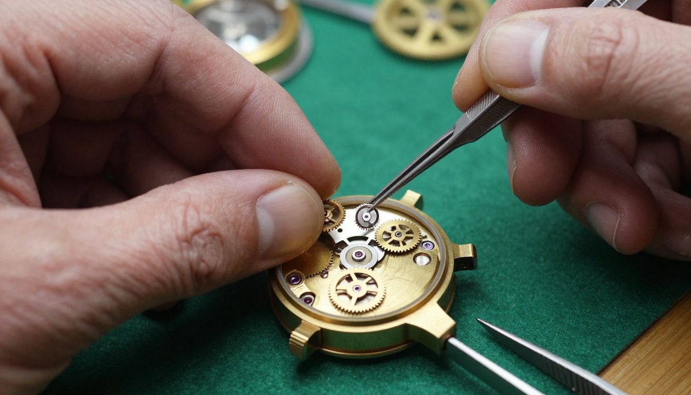 Craftsman watchmaker hands macro close-up, tweezers placing spring, brass gears on green felt mat
