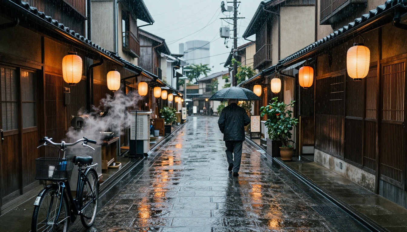 Rainy night Tokyo alley, lantern reflections on wet cobblestones, elderly man with umbrella walking away