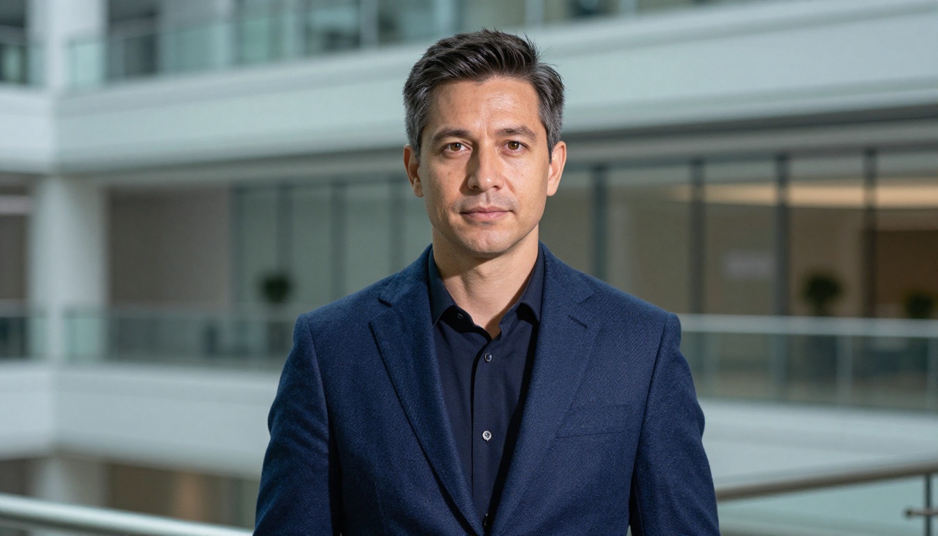 Male professional portrait in navy blazer, three-point Rembrandt lighting, glass atrium background in bokeh