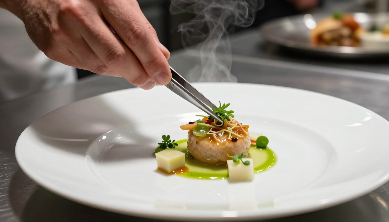 Fine dining chef plating with tweezers, white porcelain plate, geometric sauce, dramatic overhead kitchen light