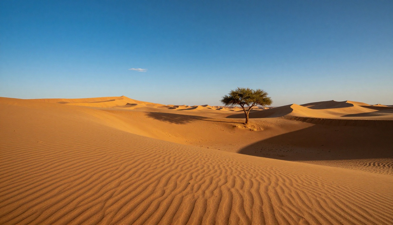 Sahara desert dunes at golden hour, sharp sand grain texture foreground, acacia tree silhouette, deep blue sky