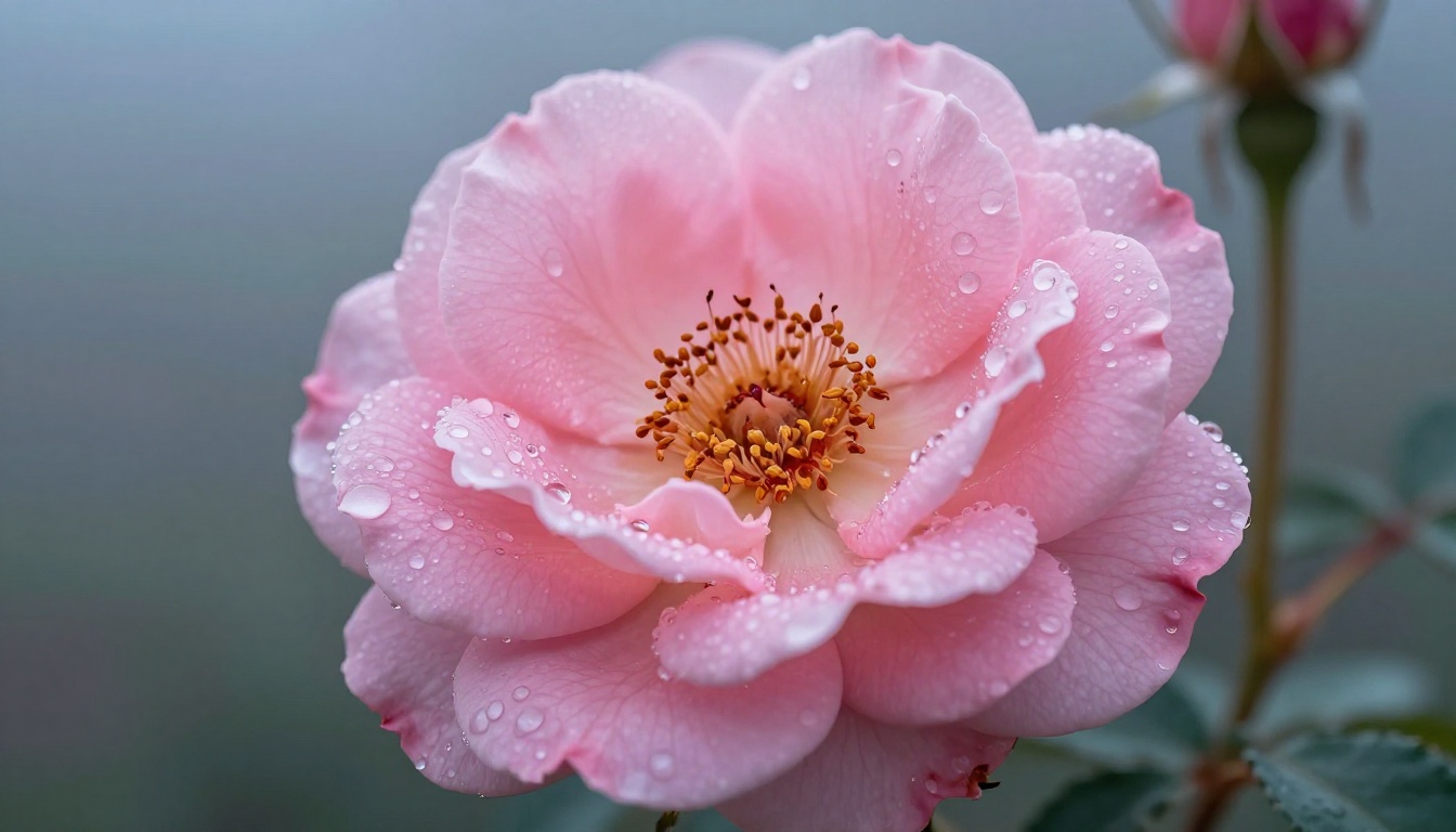 Botanical macro photography of dewy pink rose, water droplets on petals, silky bokeh background, morning light