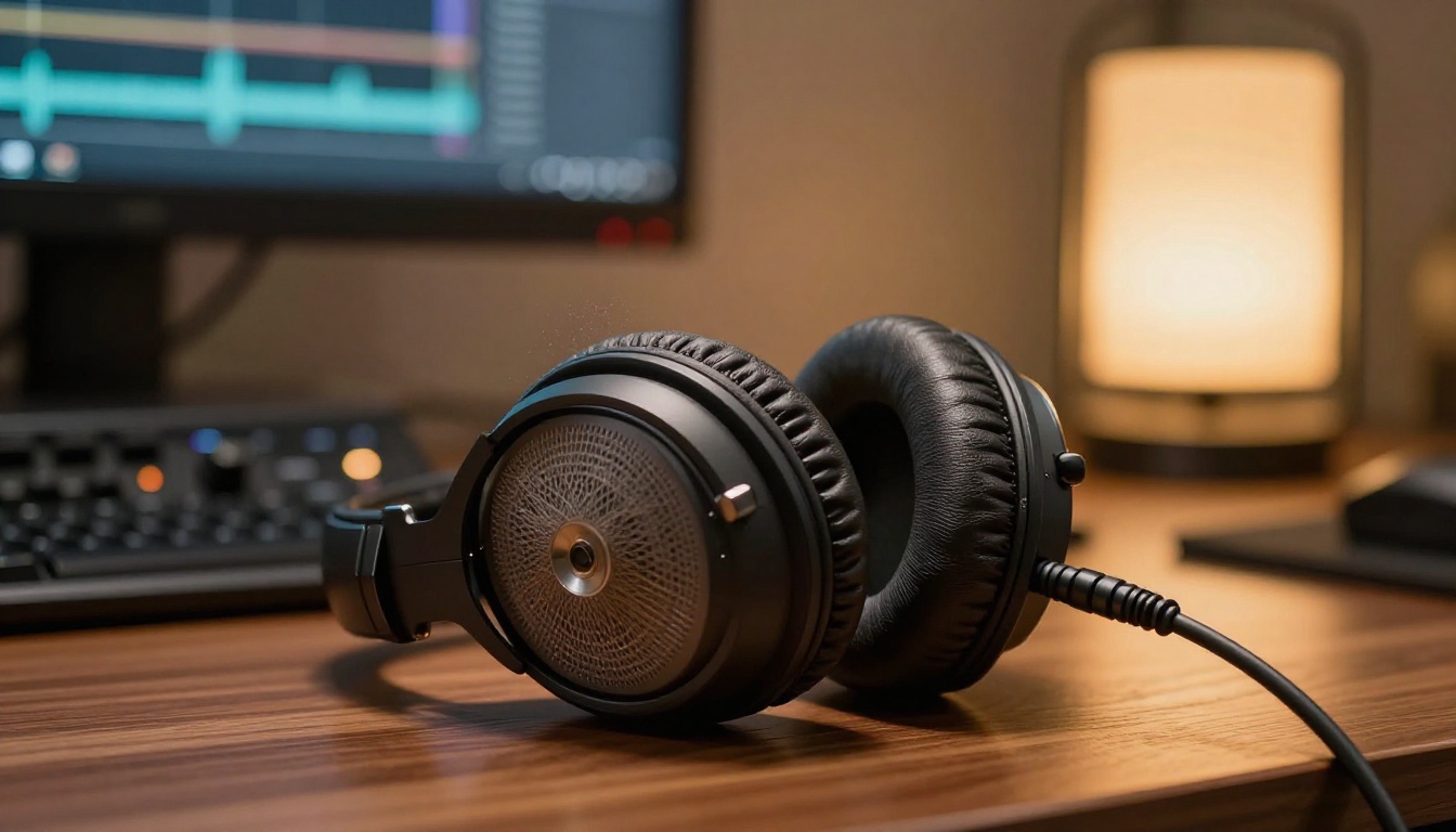 Premium studio headphones resting on polished walnut recording desk beside audio interface