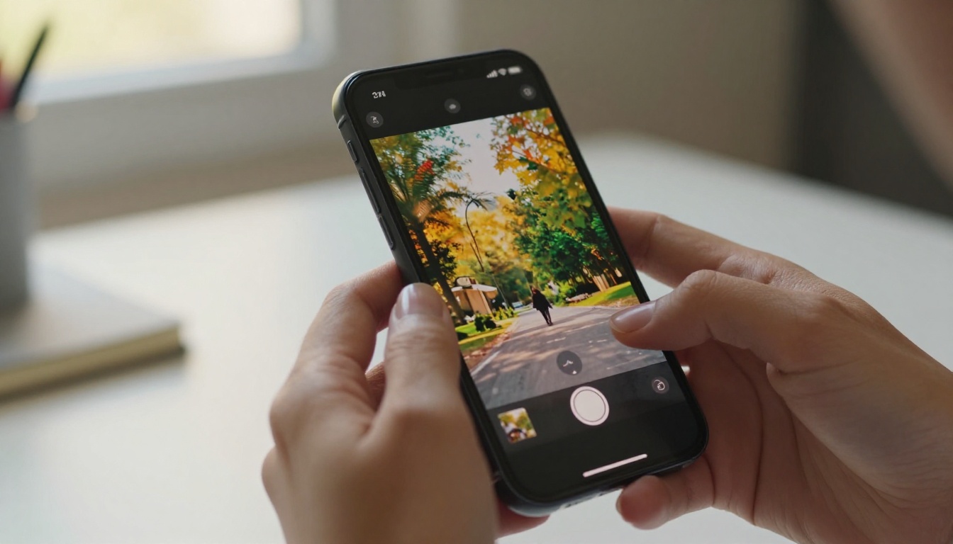 Extreme close-up of hands holding a smartphone showing a vertical TikTok video with warm golden window light Extreme close-up of hands holding a smartphone showing a vertical TikTok video with warm golden window light