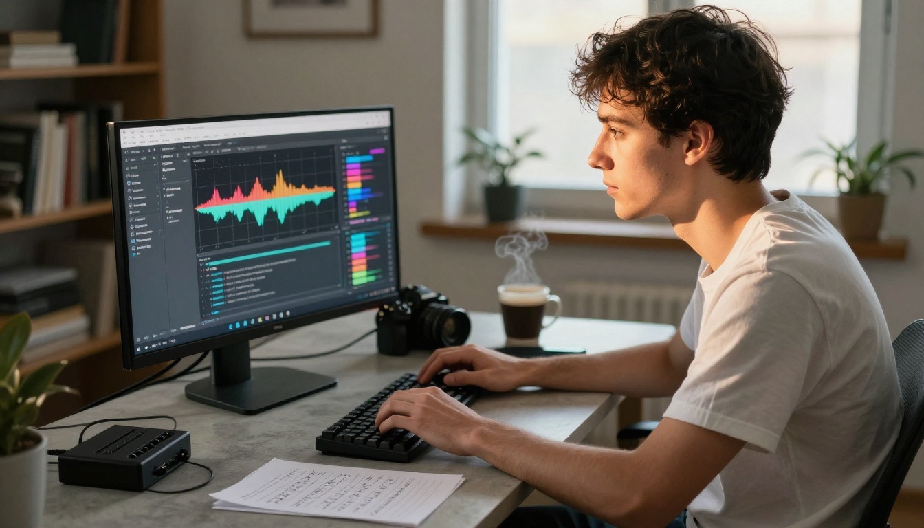 Man using AI music generation at his home studio desk, eyes focused on monitor