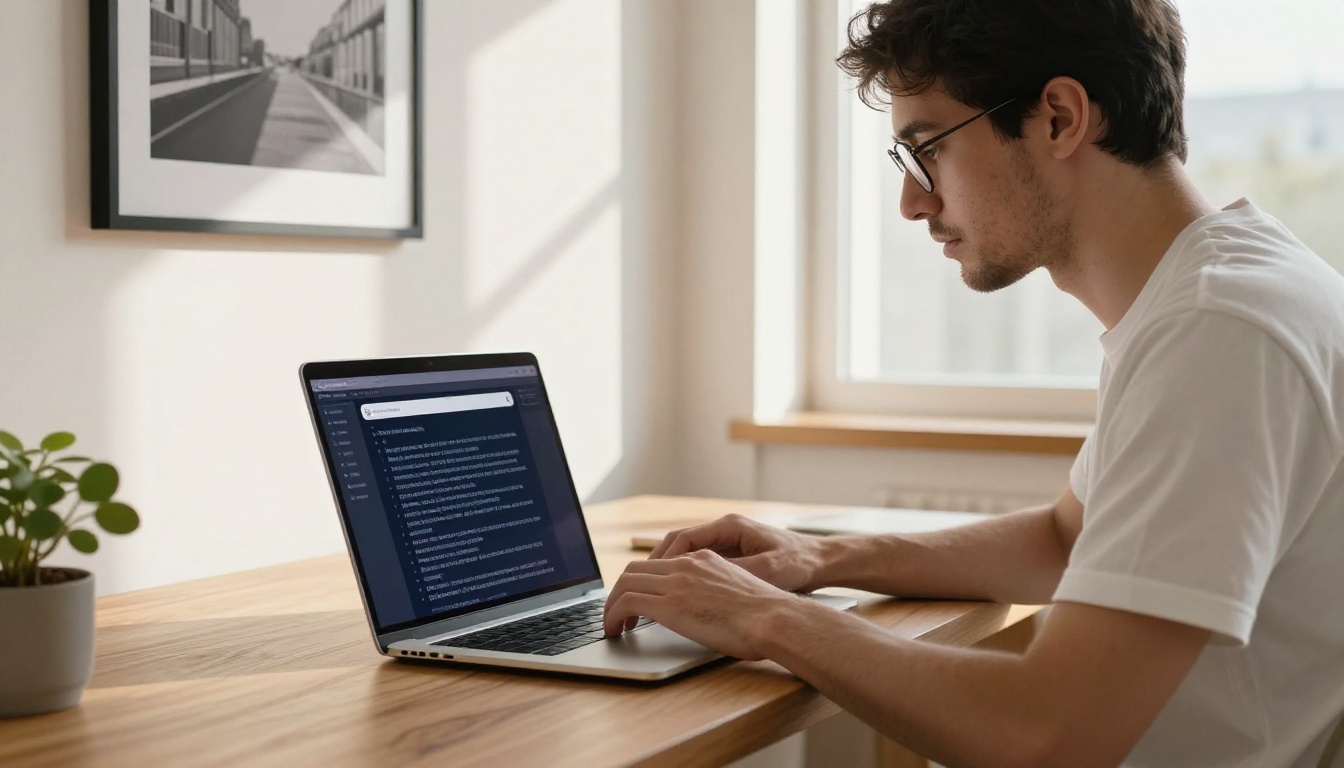 A focused creative professional types a detailed AI video prompt on a silver laptop at a minimalist oak desk with morning window light A focused creative professional types a detailed AI video prompt on a silver laptop at a minimalist oak desk with morning window light