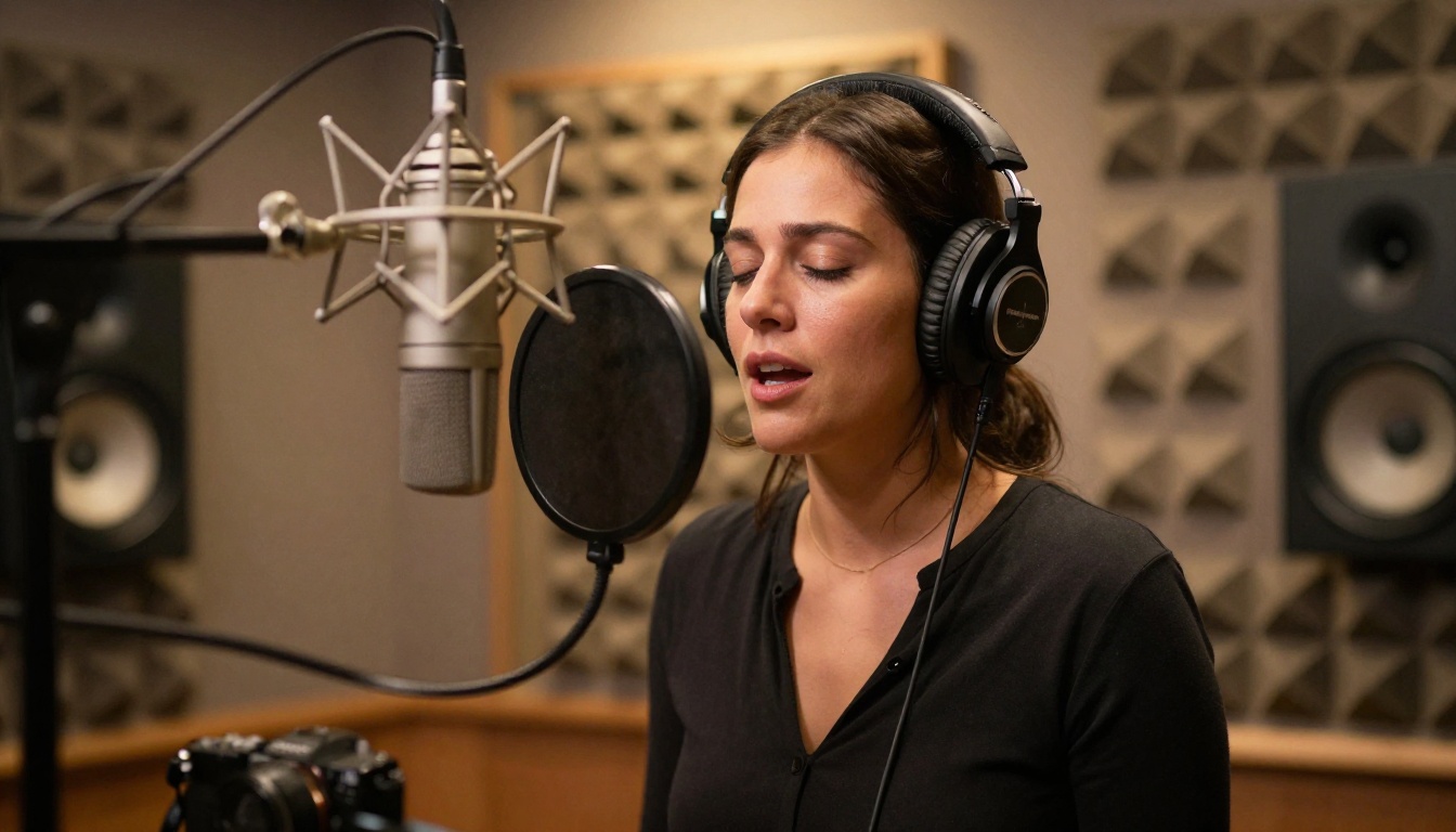 Professional female vocalist recording in a studio isolation booth with a condenser microphone