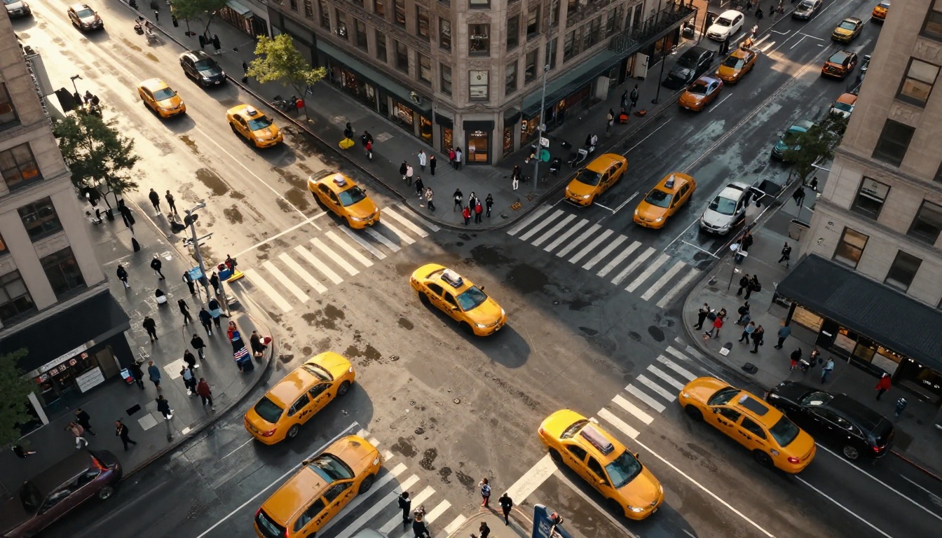 Aerial view looking straight down at a Manhattan intersection with wet streets reflecting golden light and long skyscraper shadows