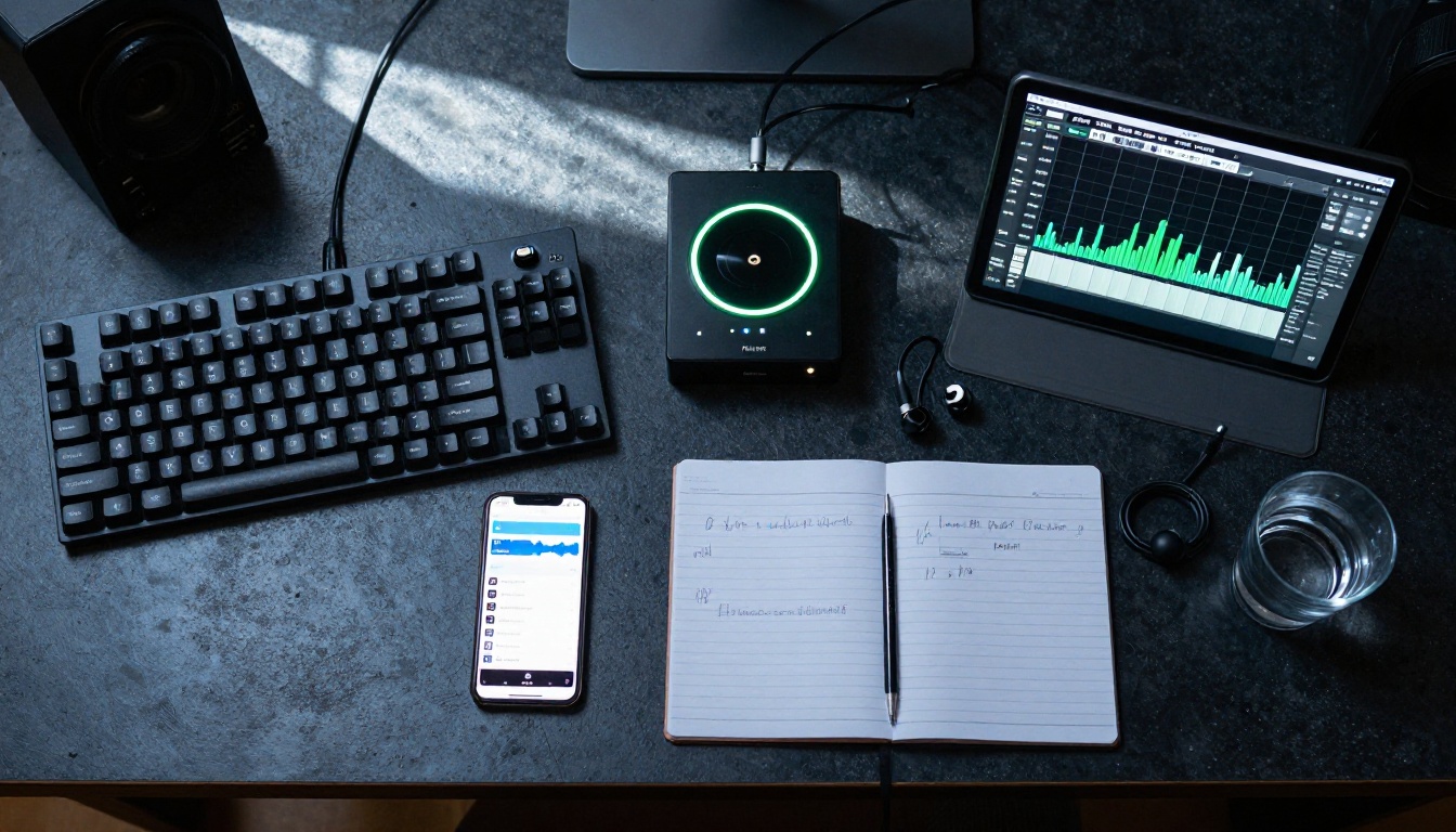 Studio desk flatlay with two keyboards, Focusrite audio interface, and handwritten musical notation