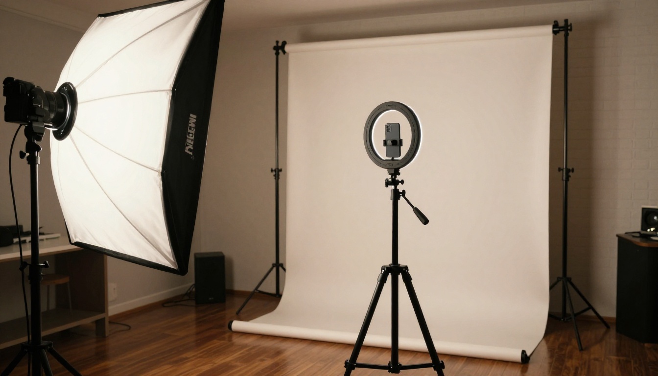 Professional studio setup with a ring light, heavy-duty tripod, and smartphone in vertical orientation against a white backdrop Professional studio setup with a ring light, heavy-duty tripod, and smartphone in vertical orientation against a white backdrop