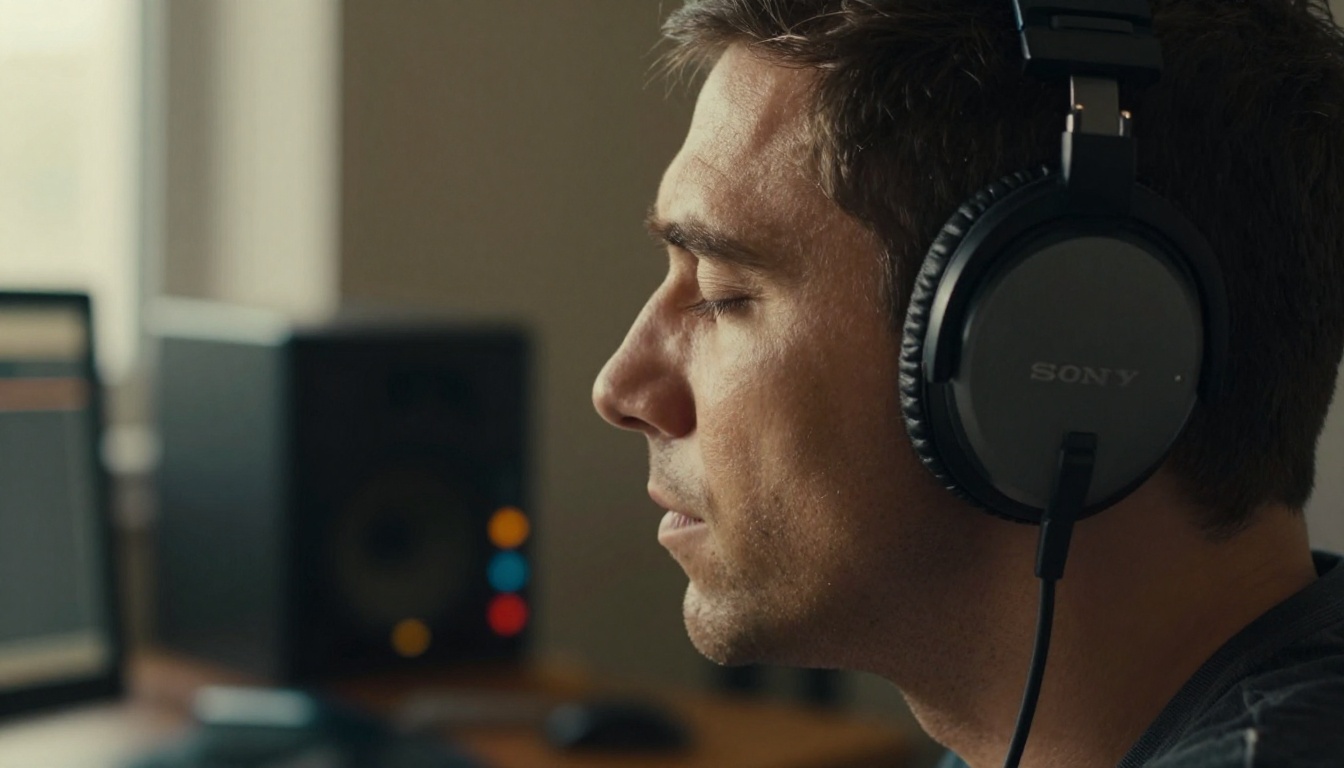 Sound engineer with eyes closed in deep critical listening concentration wearing studio headphones