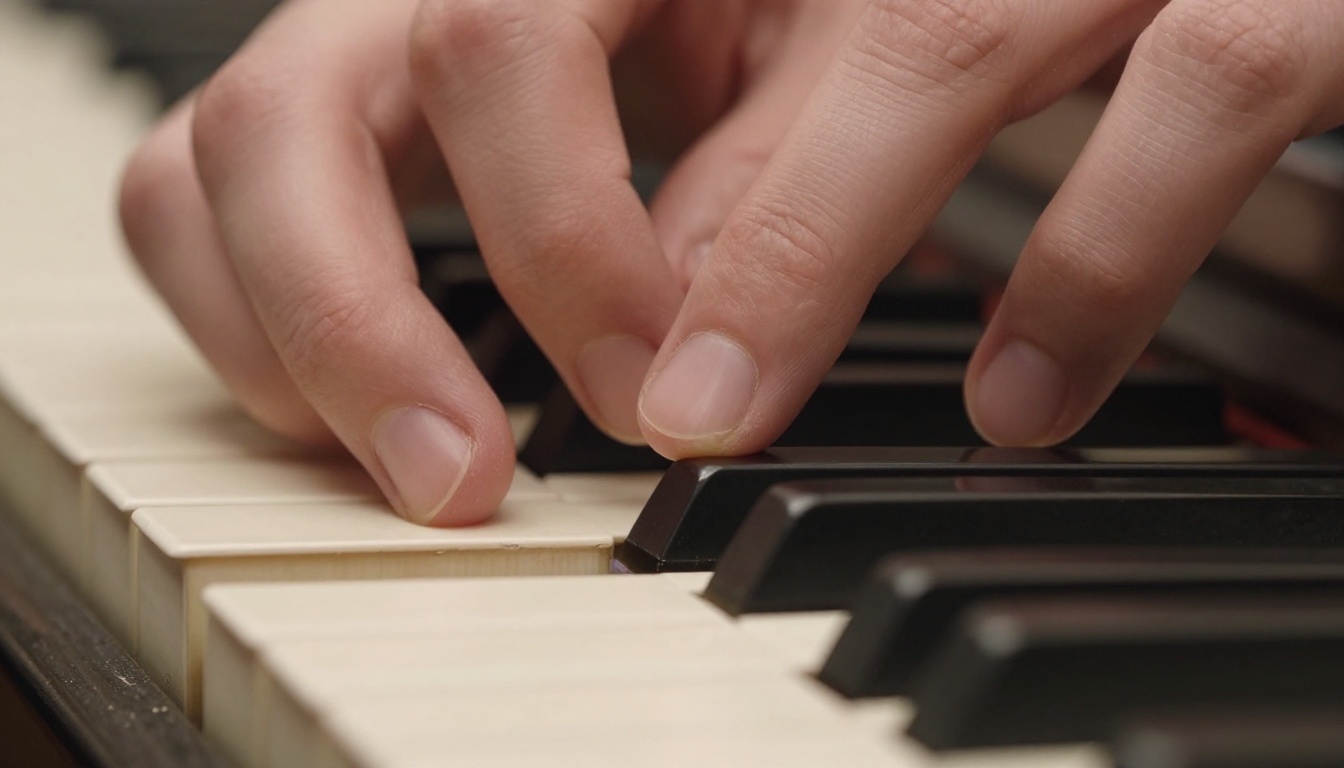 Extreme close-up macro of pianist's fingers pressing piano keys in dramatic raking sidelight