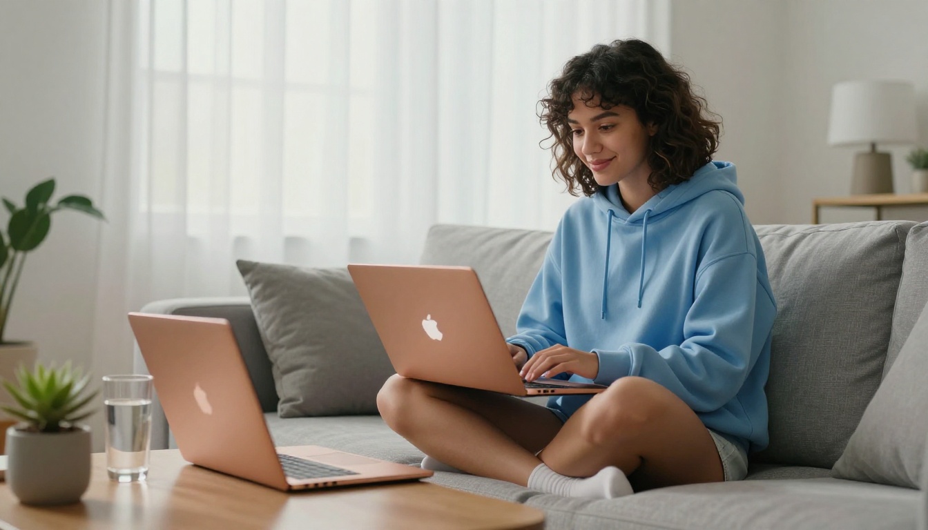 A young woman reviews AI-generated TikTok videos on a rose-gold MacBook on a pale gray sofa with afternoon light through white curtains A young woman reviews AI-generated TikTok videos on a rose-gold MacBook on a pale gray sofa with afternoon light through white curtains