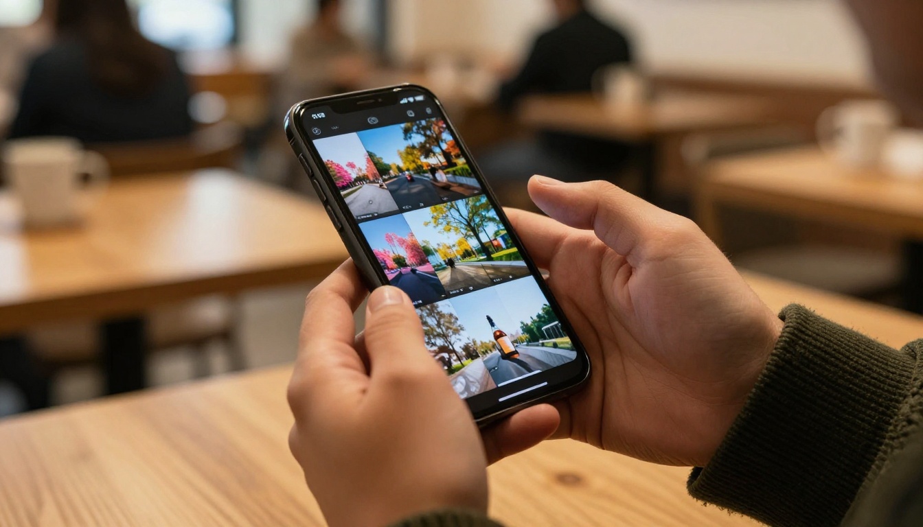 Over-the-shoulder view of hands scrolling a TikTok feed on a smartphone with colorful vertical video thumbnails in a warm coffee shop setting