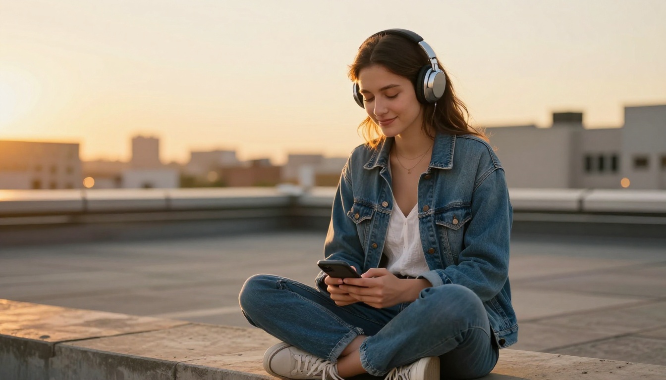 Young woman sitting cross-legged on city rooftop at golden hour wearing headphones, eyes closed