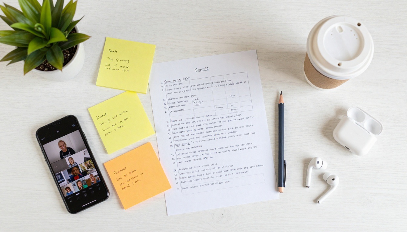 Flat-lay top-down shot of a creative workspace with a smartphone, sticky notes, wireless earbuds, a pencil, and a takeaway coffee cup on a white oak desk