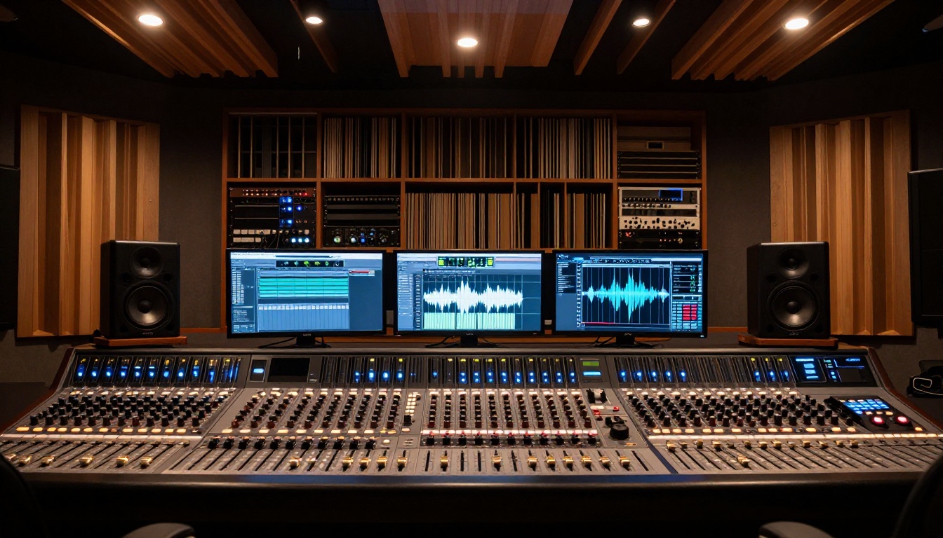 Wide-angle night shot of professional recording studio mixing room with amber and blue LED-lit console