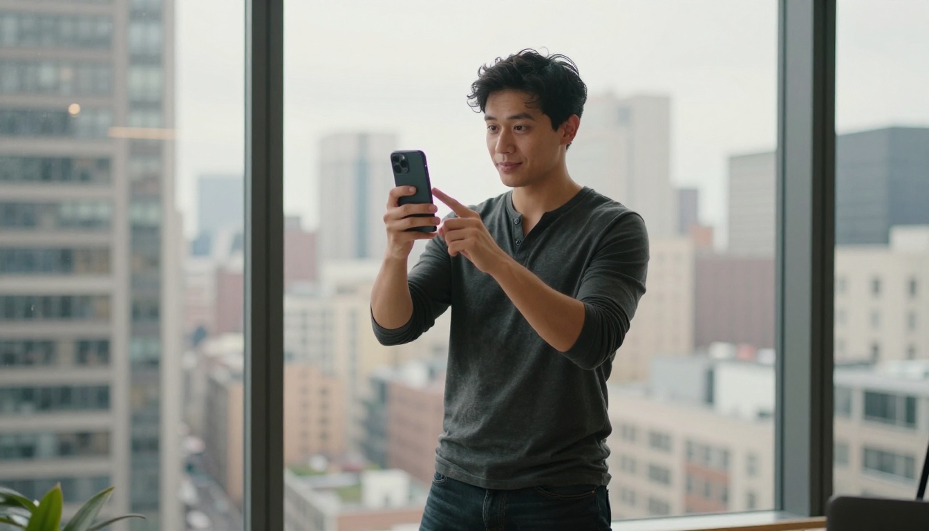 A male content creator stands at a high-rise co-working space window filming a TikTok selfie with a blurred city skyline behind him in warm diffused light
