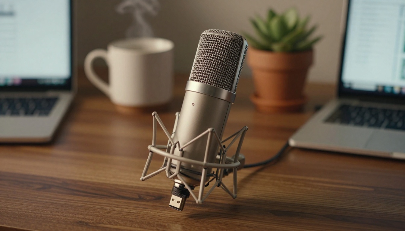 Close-up of USB condenser microphone on walnut desk stand with warm afternoon window sidelight