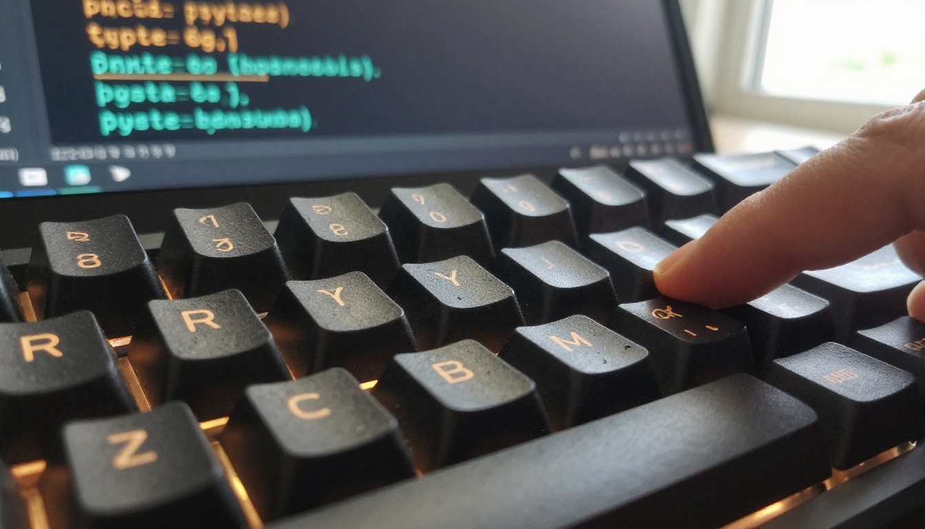 Extreme close-up of a mechanical keyboard with code visible on a monitor in the background
