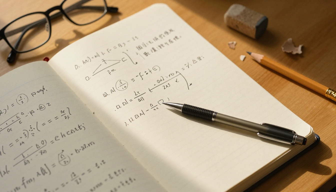 Research notebook open with handwritten mathematical equations and flowcharts in morning light