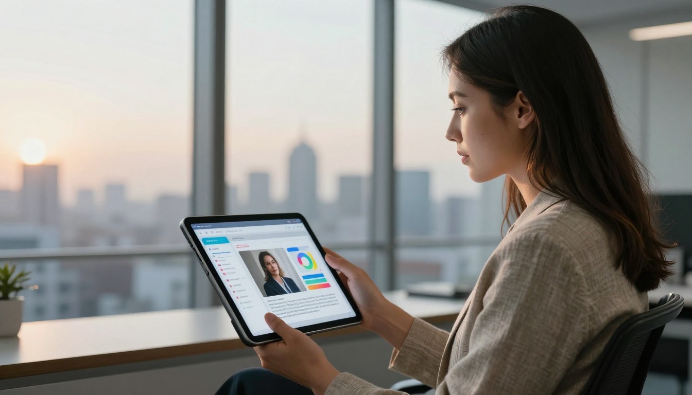Professional woman working with multimodal AI on a tablet beside a city window