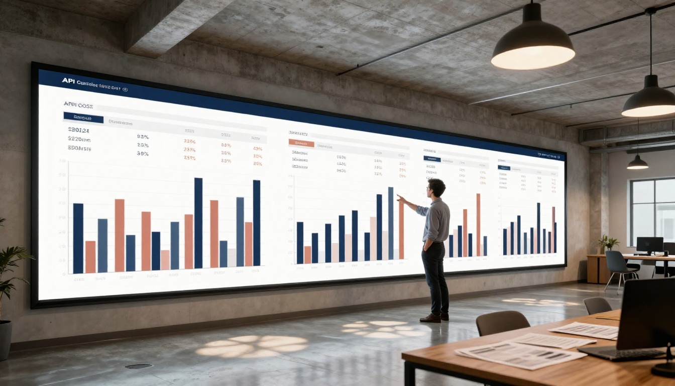 Financial professional examining cost comparison bar charts on a large wall-mounted display