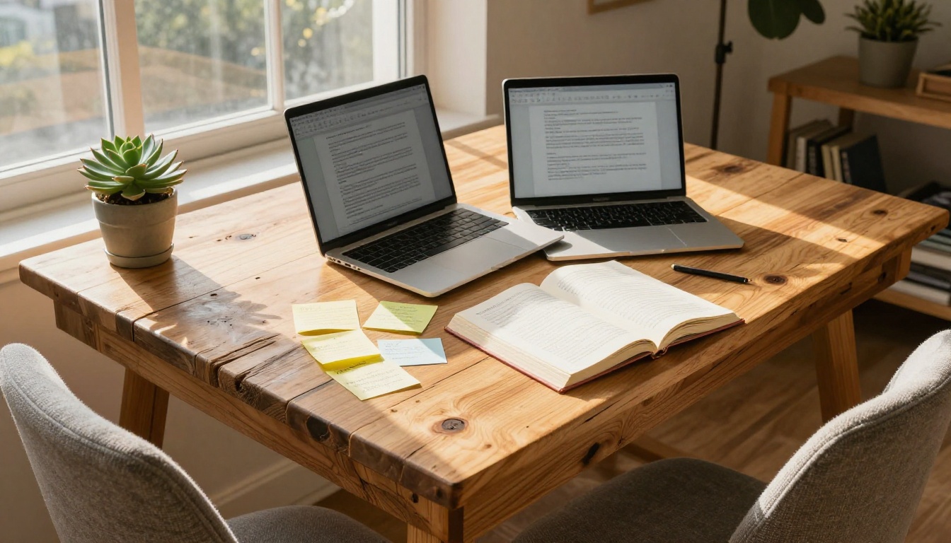 Writer working at a reclaimed wood desk with laptop and open book in morning sunlight