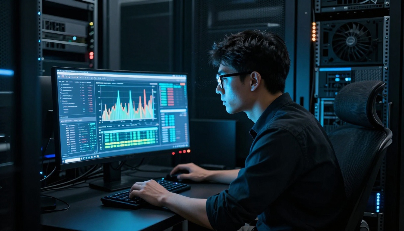 Technician reviewing scrolling dashboards on server room monitors in blue ambient light