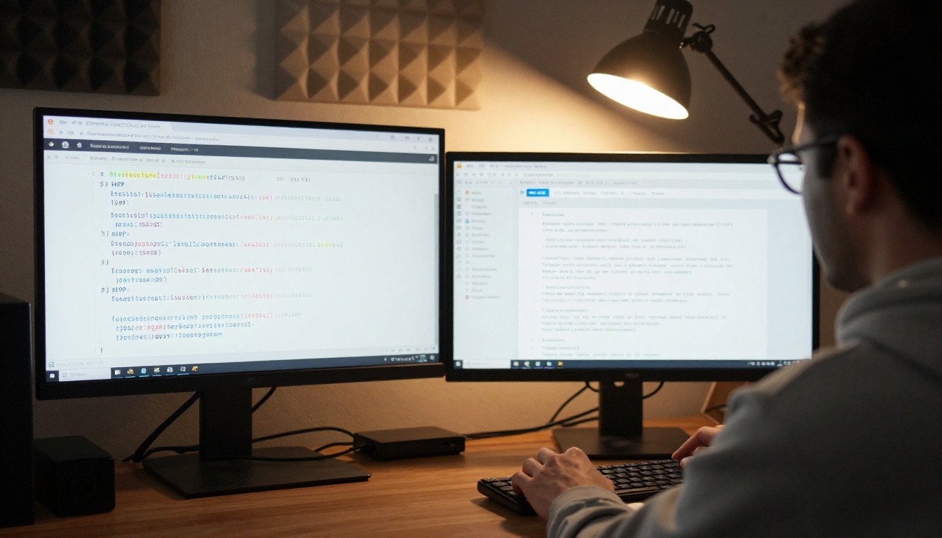 Backend developer testing an API endpoint in a terminal with multiple screens and desk lamp