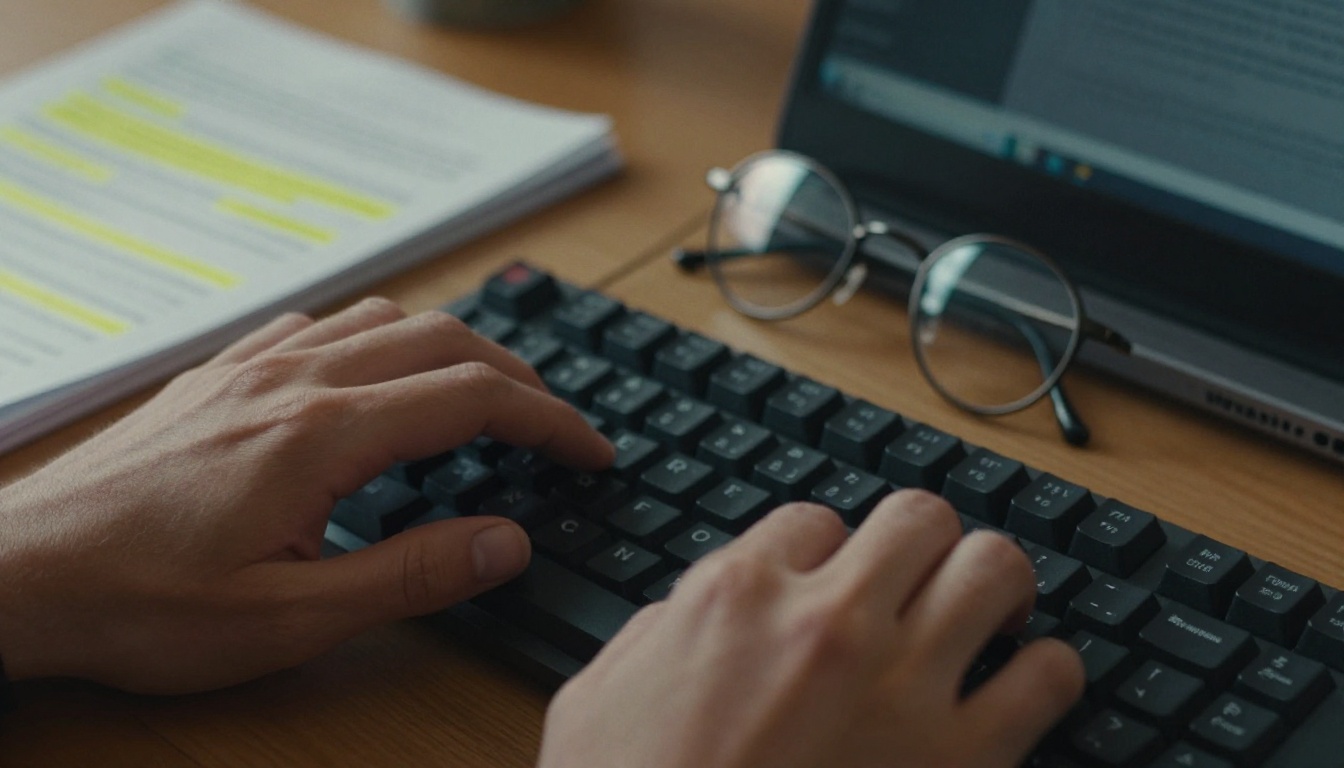 Researcher typing on a mechanical keyboard with academic papers nearby