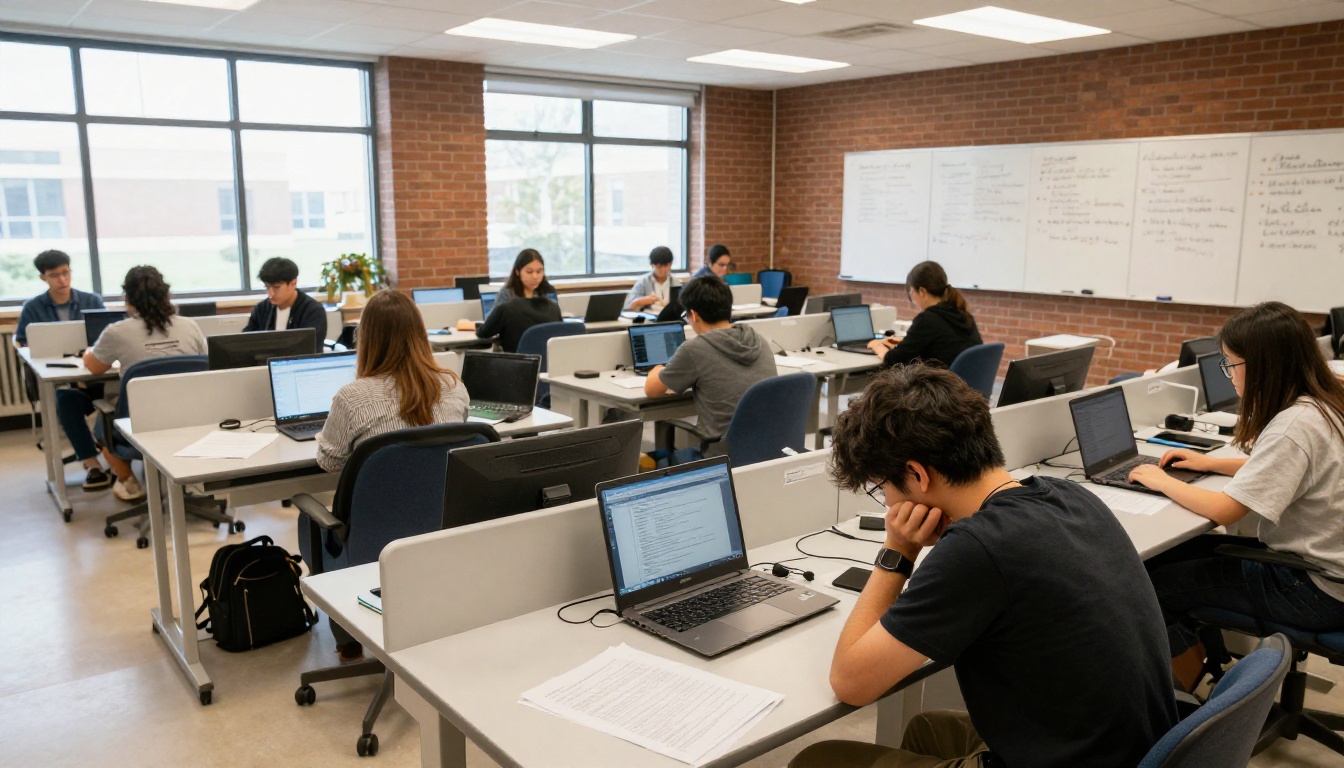 Students using laptops in a modern university writing lab