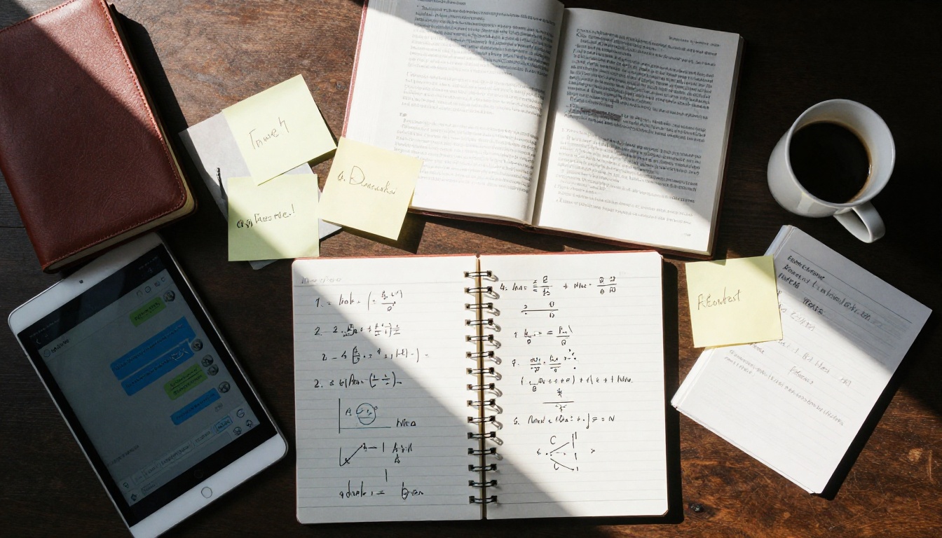Aerial top-down view of a researcher's desk with books, notes, and a tablet