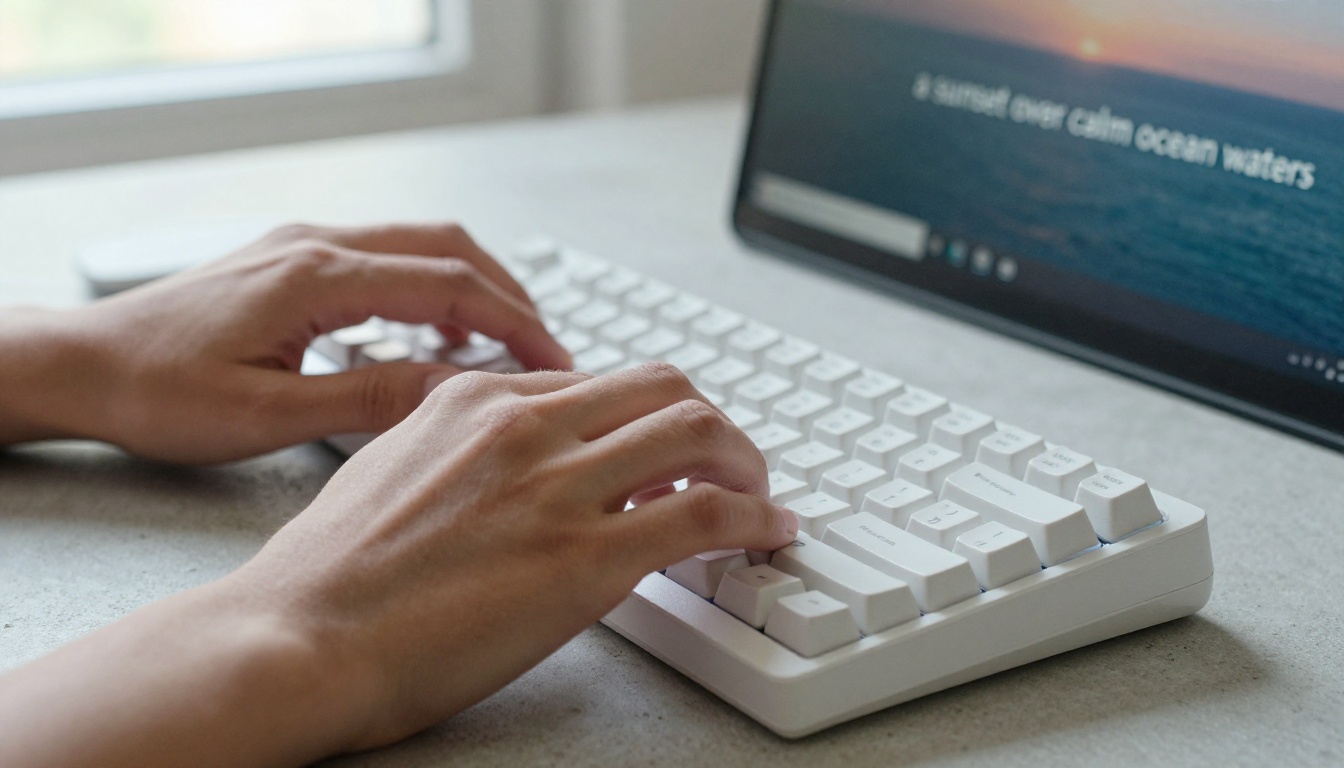 Close-up of hands typing a text prompt on a keyboard at a clean desk Close-up of hands typing a text prompt on a keyboard at a clean desk